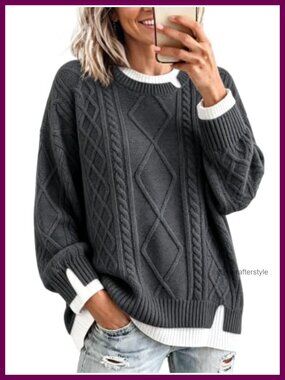Oversized Cable Knit Sweater Crewneck Chunky Pullover